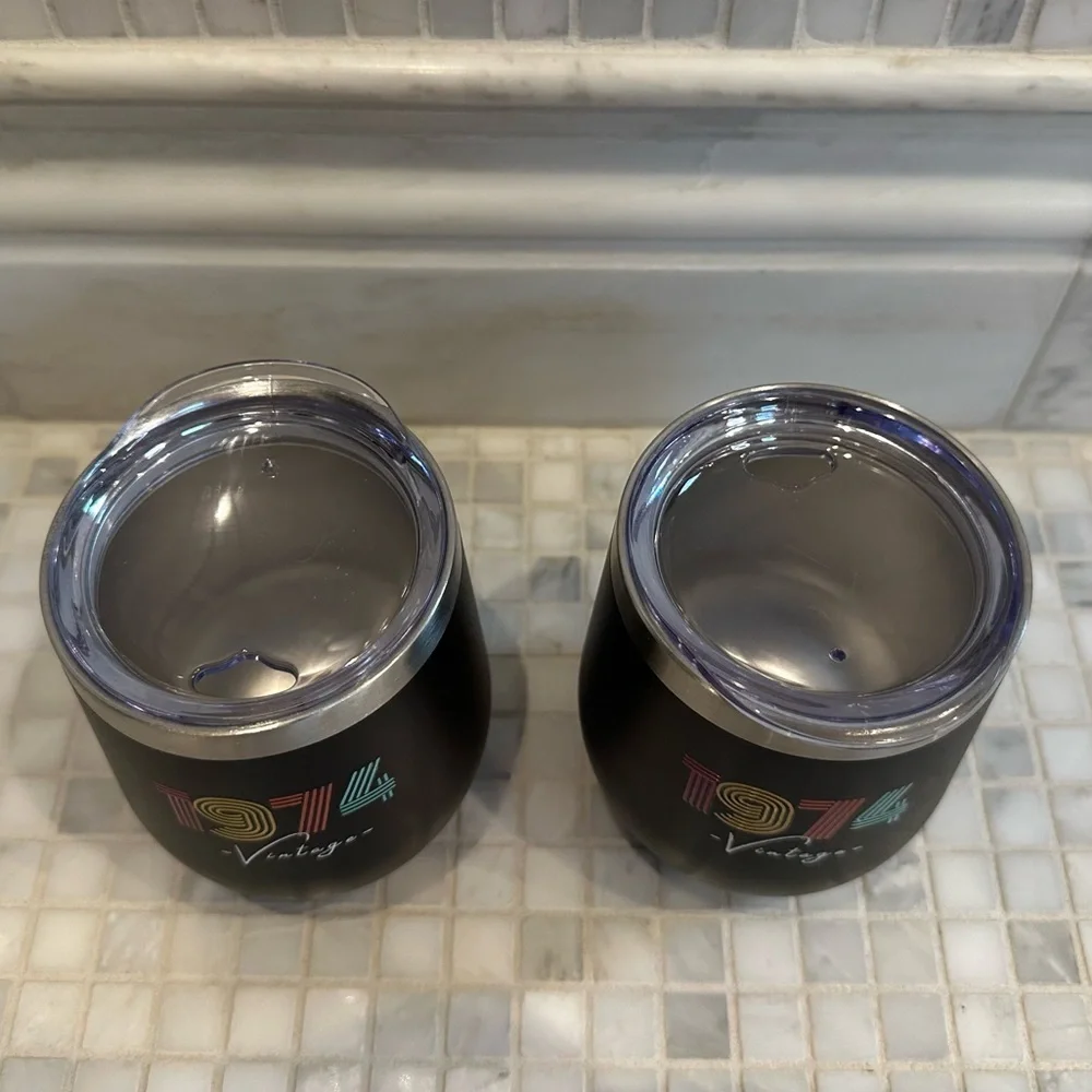 NWT Set of 2 1974 Vintage To-Go Wine Black Tumblers with Lids